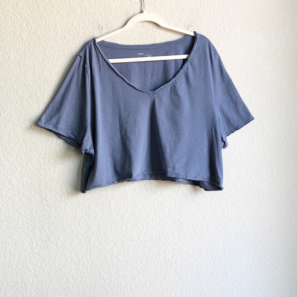 Aerie Oversized V Neck Crop Top Slub Cotton Blue Grey XL